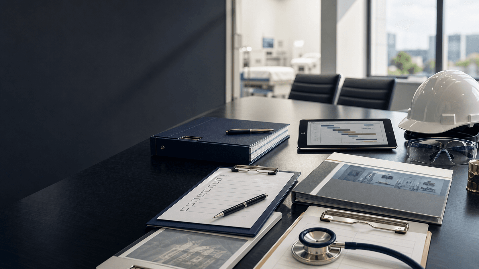 Executive project table with quality documents, healthcare compliance materials, schedule tablet, hard hat, and safety glasses.